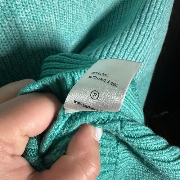 Parker Hampton Teal Striped Color Block Tie Front Wool Blend Sweater Size Large - Picture 12 of 12